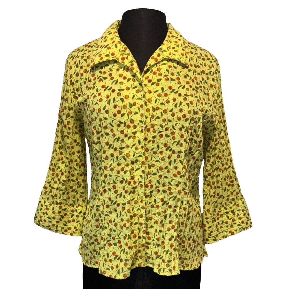 Christopher & Banks Womens Crinkle Button Up Shirt Large Lime Floral 3/4 Sleeve
